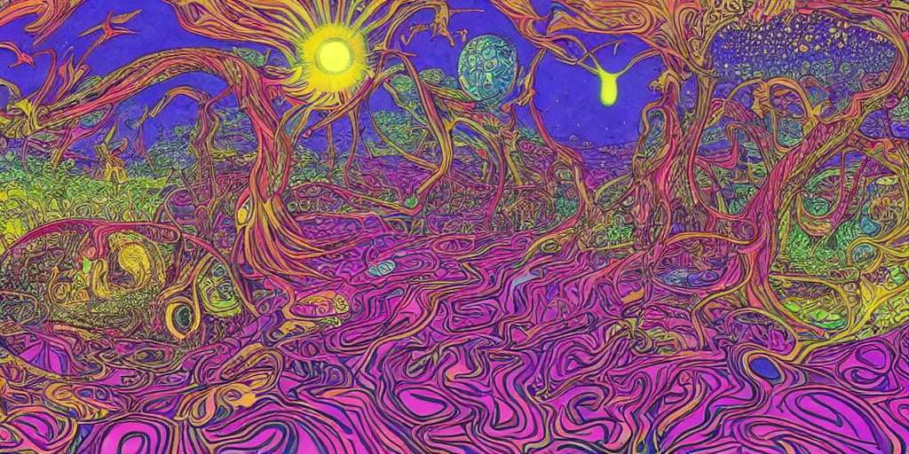 Image similar to a highly detailed illustration of psychedelic world, by moebius, by alex gray, full resolution, blue, pink, purple, yellow, red, green