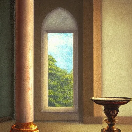 Image similar to still life painting of a room with a balcony and a marbled pedestal displaying an ancient holy blinkmoth urn artifact, centered in frame chromed and ornate with gentle iridescent shine from within. perspective from the side. realistic light and shadows. moody fantasy art, still life renaissance pastel painting. close up