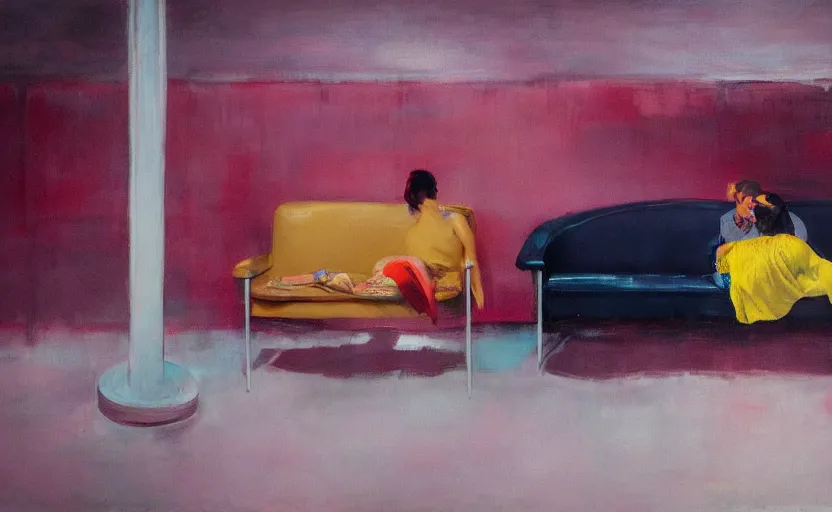 Image similar to abandoned lovers collapsed in a the void metro, couches melting, Adrian Ghenie, 8k, Peter Doig, style of Edward Hopper, Todd Hido, Jenny Saville, colors of Mark Rothko