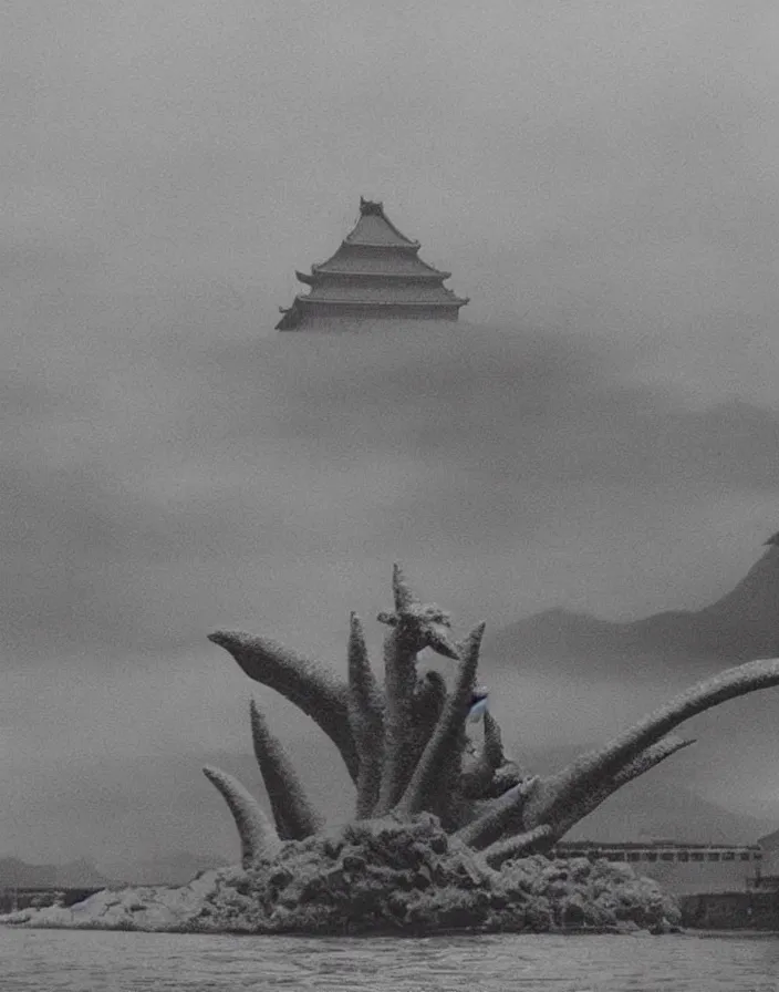 Image similar to a filmstill of a north korean monster movie, kaiju - eiga monster starfish - like trampling a traditional korean palace, foggy, film noir, video compression