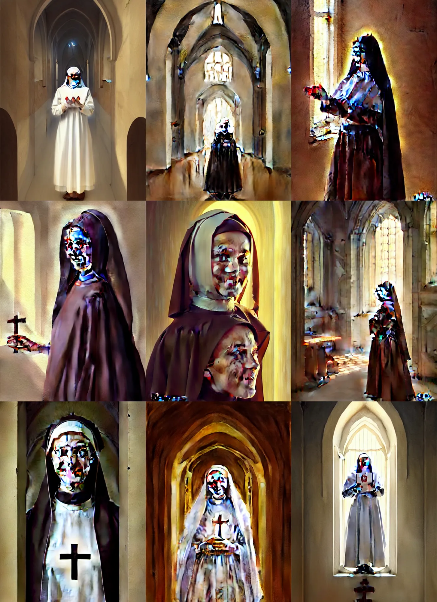 Prompt: daily life portrait of a beaming young nun inside a convent. highly detailed painting. art by artgerm and greg rutkowski