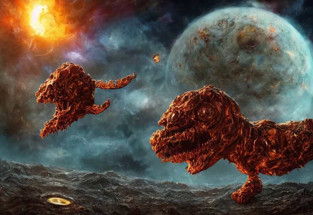 Image similar to eldritch horror bloody garfield in space, hd, 8 k, giant, epic, realistic photo, unreal engine, stars, prophecy, powerful, cinematic lighting, destroyed planet, debris, violent, sinister, ray tracing, dynamic, epic composition, dark, horrific, teeth, grotesque, monochrome drawing, hellscape, death, corpses, foreboding