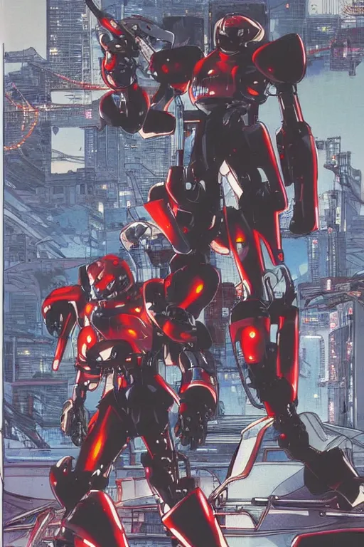 Image similar to boomers from bubblegum crisis at dusk, a color illustration by tsutomu nihei, katsuhiro otomo, masamune shirow