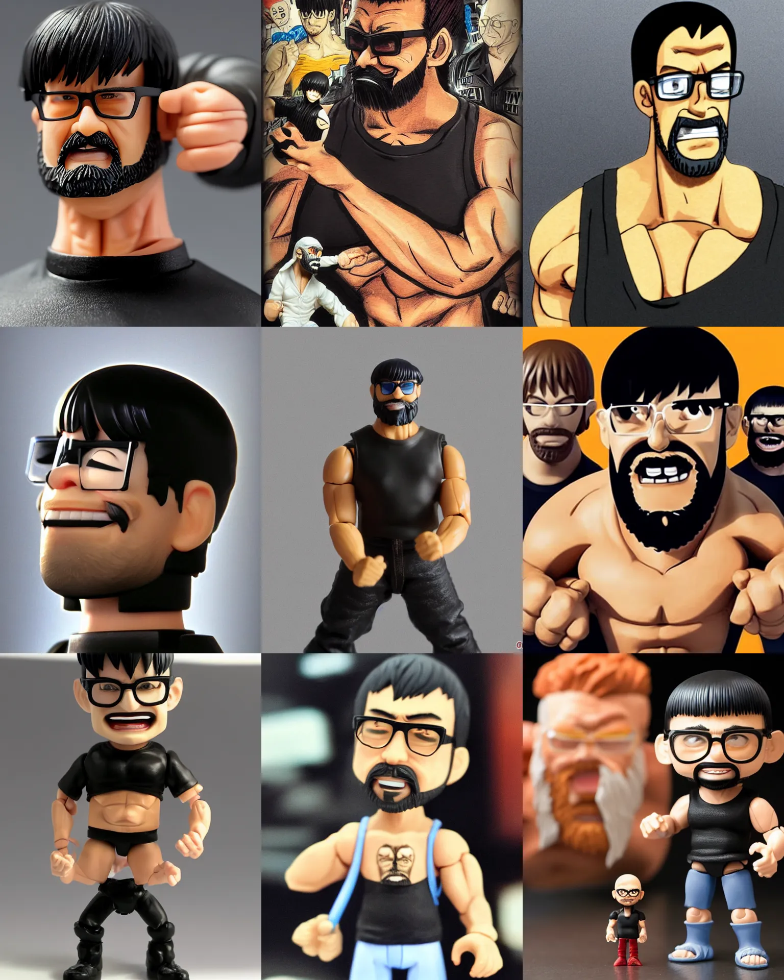 Prompt: plastic action figure of a buff smiling man with stuble long stubble beard, muscular neck, rectangular shaped glasses and a black bowl cut, wearing a black tshirt, dramatic light, blur, out - of - focus background, by kim jung gi, ric estrada, ron english and eiichiro oda