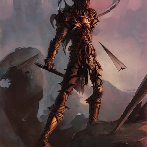 Image similar to warrior by peter andrew jones and akihiko yoshida, rule of thirds, seductive look, beautiful