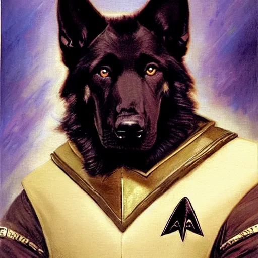 Image similar to a portrait of a man depicted as a black german shepherd dogman canine, star trek the next generation. highly detailed painting by gaston bussiere, craig mullins, j. c. leyendecker, furry