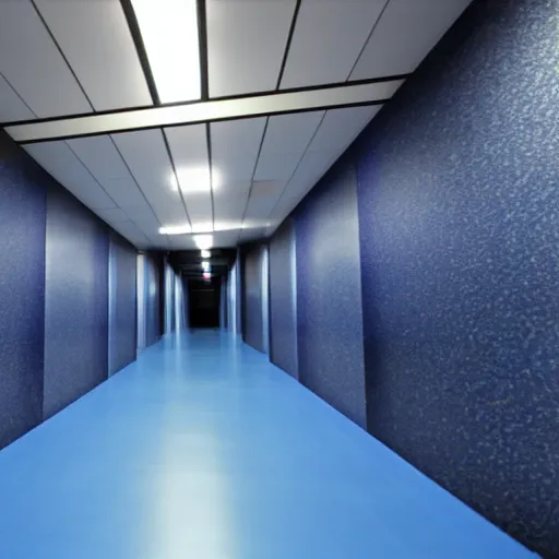 Prompt: photo taken of underground lab room, dark blue and black, clean, walls are made of dry wall, shiny floors