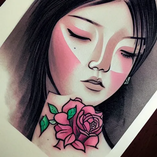 Image similar to tattoo design, stencil, traditional, portrait of a beautiful japanese girl framed by roses by artgerm, artgerm