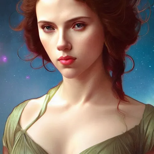 Image similar to young Scarlett Johansson from another dimension, cinematic lighting, intricate, elegant, highly detailed, digital painting, artstation, sharp focus, illustration, art by artgerm and greg rutkowski and alphonse mucha and Wayne Barlowe and william-adolphe bouguereau