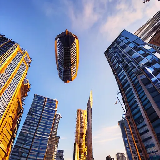 Prompt: looking up into the sky, first person view, surrounded by Neo Tokyo sky scrapers, shadows, large unidentified flying craft floating in the blue sky, golden hour