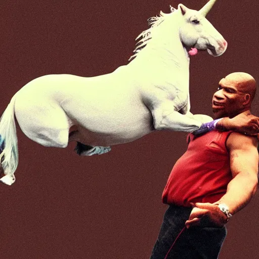 Image similar to mike tyson riding on a unicorn photograph