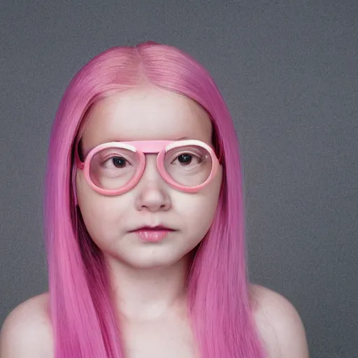 Prompt: Portrait of a young girl with pink hair and rounded glasses, studio photo, Sigma 200mm