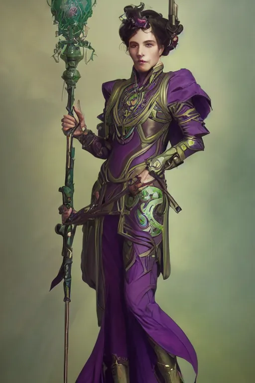 Image similar to portrait of a cute warlock girl with a staff in warlock armor, purple and green, by tom bagshaw and alphonse mucha and atey ghailan and artgerm and and greg rutkowski, hyper realistic, octane render, trending on artstation