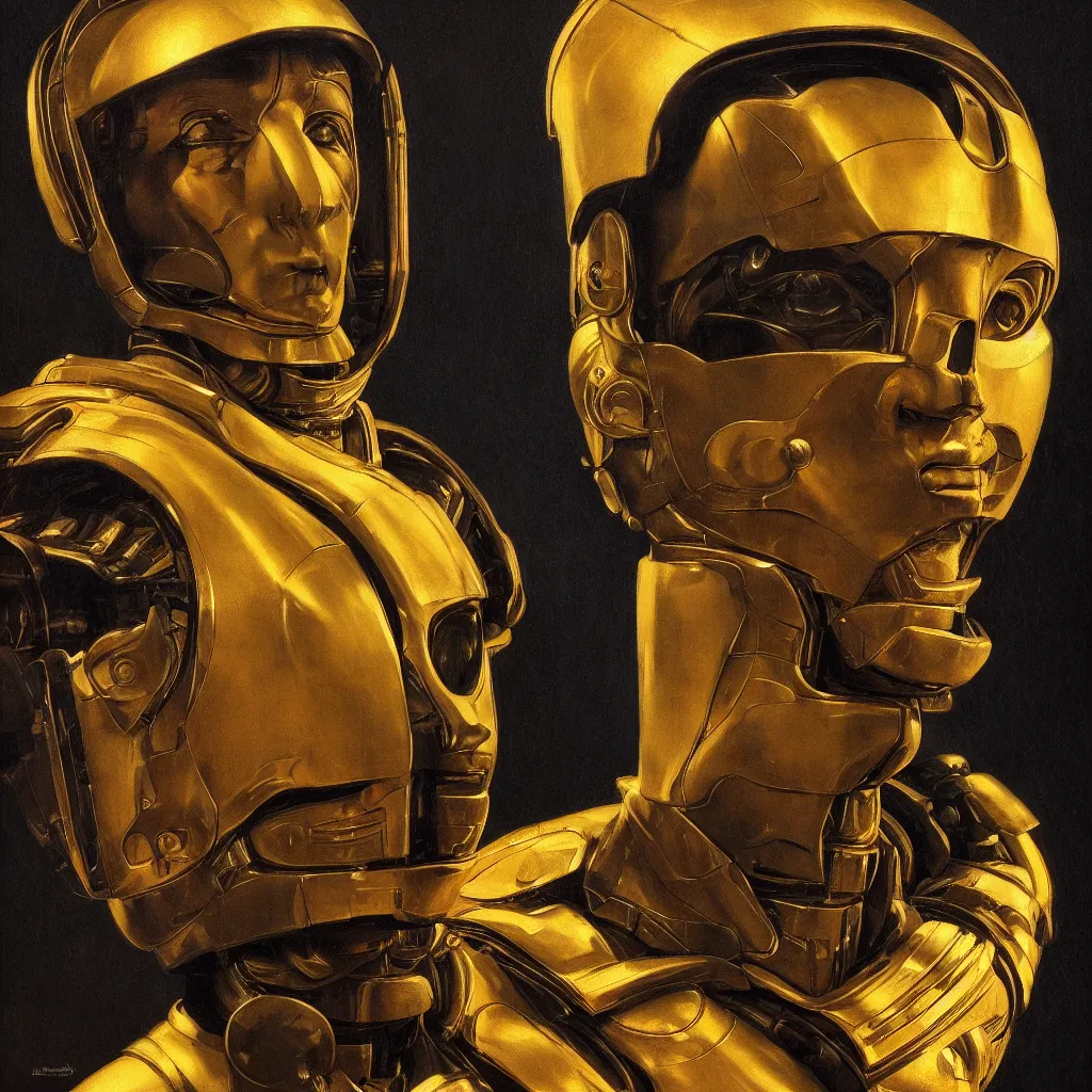 Image similar to cinematic bust portrait of futuristic god robot, part by Norman Rockwell, part by maxfield parrish, detailed,chiaroscuro, oil on canvas, HD, HDR, 4K, 8K , nice colors