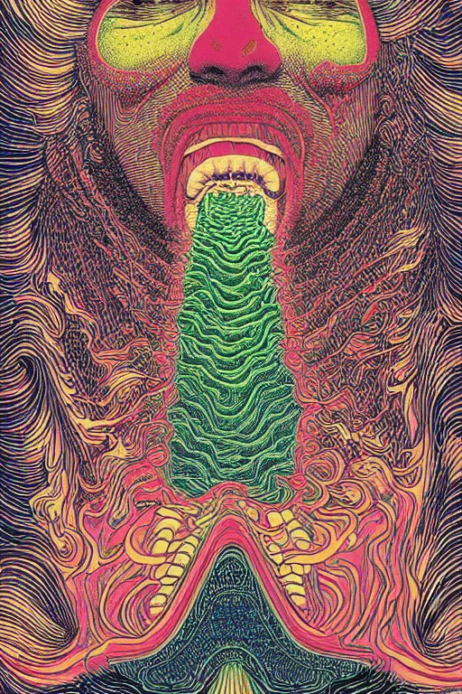 Image similar to man licks a tab of LSD acid on his tongue and experiences psychedelic hallucinations, screenprint by kawase hasui, alex grey and dan hillier, colorful flat surreal design, hd, 8k, artstation