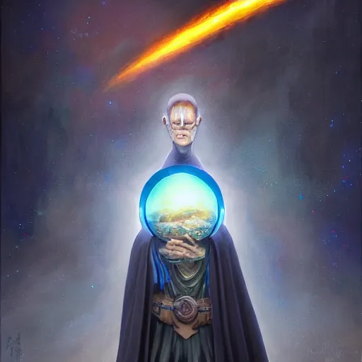 Image similar to masked nomad male wearing a cloak on an alien world and holding a holographic planet projection in his hand, detailed, sci - fi, digital painting, artstation, sharp focus, illustration, ominous, artgerm, tomasz alen kopera, peter mohrbacher, donato giancola, joseph christian leyendecker, wlop, frank frazetta