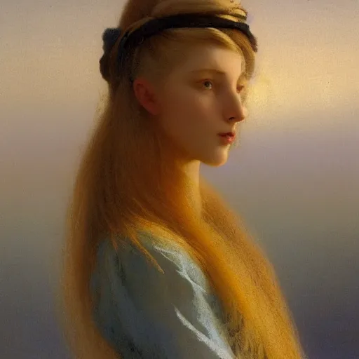 Image similar to a young woman's face, her hair is gold and she wears an cobalt blue satin cloak, by ivan aivazovsky and syd mead and moebius and gaston bussiere and roger dean and pieter claesz and paul delaroche and alma tadema and aelbert cuyp and willem claesz, hyperrealistic, volumetric light, octane render