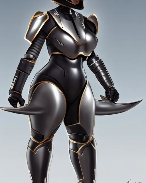 Image similar to concept art of a thicc female futurstic warrior, wearing a futuristic helmet, futurstic smooth slim fitted armor, sleek design, aerodynamic design, holding a large futurstic robotic bow, full body image | | epic - fine - clean, polished, trending on artstation, brush strokes