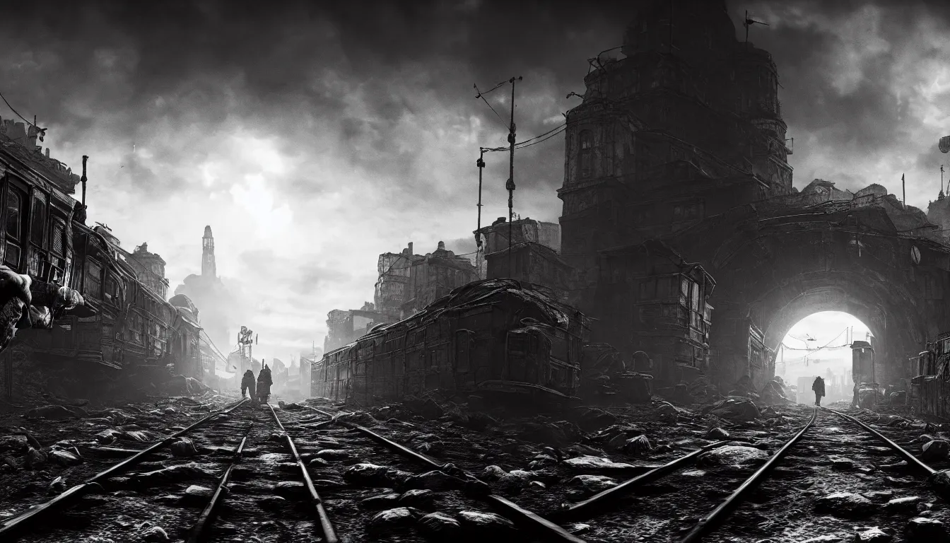 Image similar to metro exodus style, city in the horizon, dark, atmospheric, scary, claustrophobic, ambient vibe, very detailed, black and white, 4 k