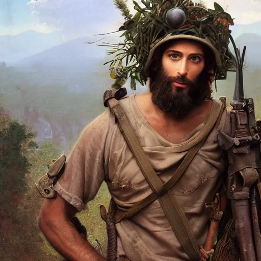 Image similar to an extremely detailed matte painting of a ridiculously good looking jesus that looks like a jewish gigachad in the vietnam war, ballistic helmet that says'born to save ', long curly hair, camouflaged gear, very detailed, jungles of vietnam beautiful, intricate, cinematic, artstation, william bouguereau, alphonse mucha, greg rutkowski, octane render