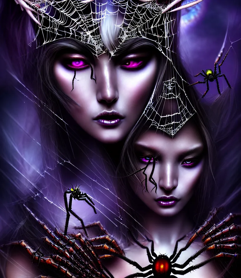 Image similar to close up portrait on the enchanting femenine queen of the zerg, hyper attractive, seductive, very complex, hyper-maximalist, overdetailed, legendary cinematic, darkfantasy, archetype with timeless beauty breathtaking eyes, her spider like legs spread evenly around her framing the image, collossal alien ship in the sky behind her, highly intricate, digital art, very elegant, HDR 8K, biblical art, realism, incomprehensible yet perspicious detail, unbeatable quality, silent hill aesthetic, photorealistic, lifelike, DSLR 8k, unbeatable coherency, Omnious intricate, octane render, created Nixeu & z--ed from deviantart