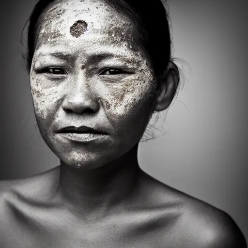 Image similar to portrait mugshot, young lady with leprosy on face, medical, bokeh, 6 0 mm, studio light, face