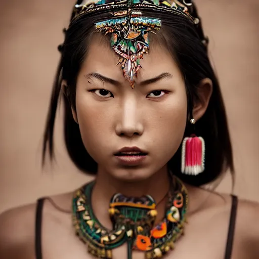 Prompt: portrait of a stunningly beautiful asian tribal female with lens flars and depth of field, zeiss lens, detailed, symmetrical, centered, fashion photoshoot, by Annie Leibovitz and Steve McCurry, David Lazar, Jimmy Nelsson, Breathtaking, 8k resolution, extremely detailed, beautiful, establishing shot, artistic, hyperrealistic, beautiful face, octane render