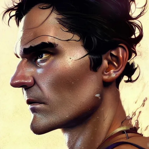 Image similar to cyborg roger federer as aeon flux profile picture by greg rutkowski, dynamic pose, intricate, futuristic, fantasy, elegant, by stanley artgerm lau, greg rutkowski, thomas kindkade, alphonse mucha, loish, norman rockwell,