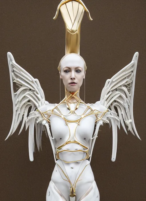Image similar to a statue made of white marble with gold veins, of an gorgeous futuristic cybernetic angel girl, prostheses, transhumanism, full body shot, perfect symmetrical body, perfect symmetrical face, hyper realistic, hyper detailed, by johannen voss, by peter kemp, by monia merlo, by michelangelo, octane render, blender, 8 k