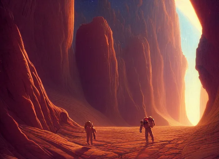 Prompt: a cosmonaut surrounded by a martian canyon, by jean delville and sophie anderson and mandy jurgens and ralph mac quarrie, retrofuturism, moody atmosphere, cinematic atmospheric, cinematic lighting, golden ratio, perfect composition, elegant, no crop, extremely detailed, 4 k, hd, sharp focus, masterpiece, trending on artstation