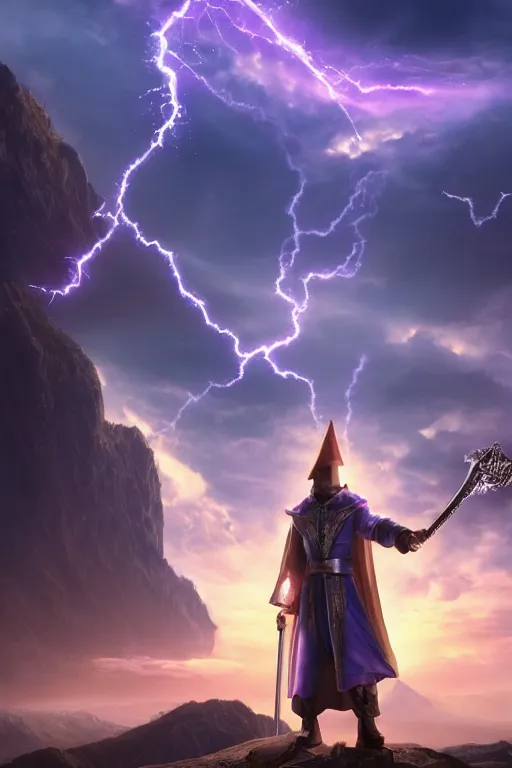 Prompt: hyper realistic wizard holding a sword that’s pointed towards the sky, getting shocked by purple lightning, standing on a mountaintop, octane, trending on artstation, hyper realistic, highly detailed, unreal engine, amazing depth of field, 8k