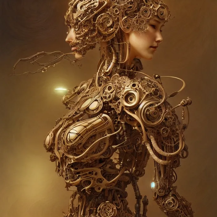 Image similar to organic cyborg, japanese wood carving, diffuse lighting, fantasy, intricate, elegant, highly detailed, lifelike, photorealistic, digital painting, artstation, illustration, concept art, smooth, sharp focus, art by John Collier and Albert Aublet and Krenz Cushart and Artem Demura and Alphonse Mucha