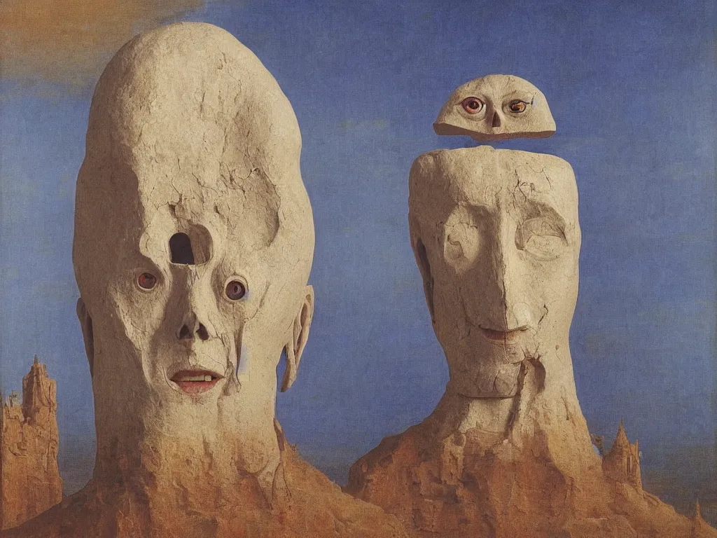 Image similar to Albino mystic with his back turned, looking in the distance at giant totemic archaic sculpture mask Tibetan temple made from Lapis Lazuli. Painting by Jan van Eyck, Beksinski, Caspar David Friedrich, Rene Magritte, Agnes Pelton, Max Ernst, Walton Ford