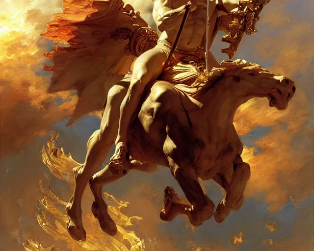 Image similar to attractive apollo greek god, riding his fire chariot. highly detailed painting by gaston bussiere, craig mullins, j. c. leyendecker 8 k