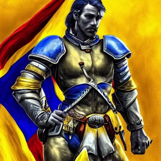 Image similar to a full body shot from distance of a great soldier with a yellow and blue flag standing in the beam of light from the clouds in a triumph after battle, western, masculine figure, D&D, fantasy, intricate, elegant, highly detailed, digital painting, artstation, concept art, matte, sharp focus, symmetrical, illustration, art by Artgerm and Greg Rutkowski and Alphonse Mucha