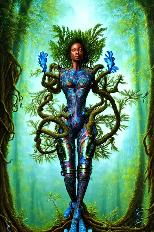 Image similar to hyperrealistic post - rococo super gorgeous! black woman with exoskeleton armor, merging with tree in a forest, highly detailed digital art masterpiece smooth cam de leon hannah yata dramatic pearlescent blue teal light ground angle hd 8 k sharp focus