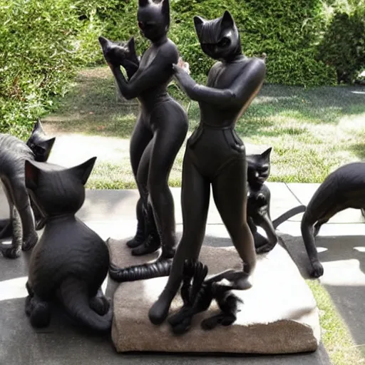 Image similar to a group of cats worshipping a statue of catwoman