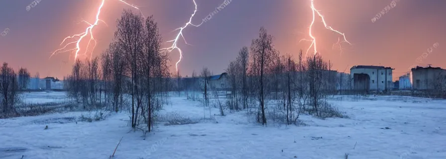 Image similar to view on sleeping district in province russian town at morning sunrise, doomer romantic lightning, squared buildings, trees