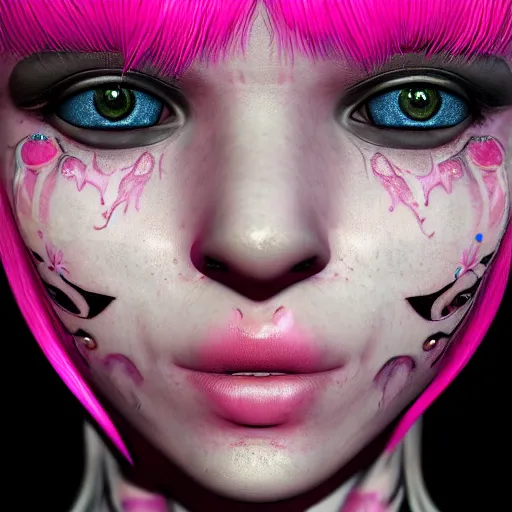 Image similar to An octane 3d render of a girl with pink pigtails, and face tattoos, 8d, HD, hyper detailed, intricate details, photorealistic, dynamic lighting, stunning visuals, creative, trending on art station,