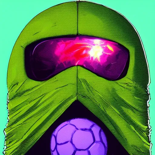 Image similar to a tennis ball monster balaclava, halo on head, bandana ,tennis ball, colorful, digital art, fantasy, magic, trending on artstation, ultra detailed, professional illustration by Basil Gogos