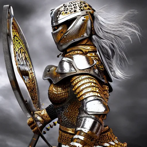 Image similar to female warrior with metal jaguar armour, highly detailed, 4k, HDR, smooth, sharp focus, hyper realistic, high resolution