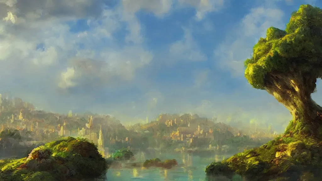 Image similar to floating pastoral island over a hilly European city, trending on art station, oil painting, concept art