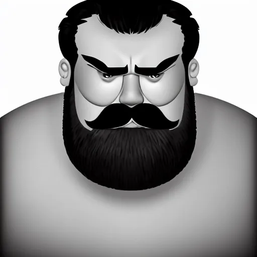 Image similar to face portrait a big beefy man with a large face, thick dark hair, a bushy black moustache, no beard, with hardly any neck and mean little eyes, highly detailed, digital art, sharp focus, trending on art station, drawing