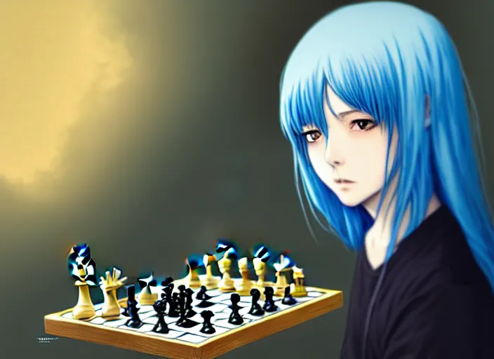 Image similar to rimuru playing chess, with amber eyes of gold color, straight hair, sky blue hair, long bangs, high collar, concept art, award winning photography, digital painting, cinematic, by wlop, anime key visual, wlop, 8 k, by ross tran, tom bagshaw, andy warhol