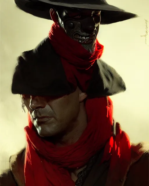 Image similar to mysterious lamont cranston, the shadow, black wide brimmed hat, red scarf across his face, pulp character portrait, ultra realistic, concept art, intricate details, highly detailed by greg rutkowski, gaston bussiere, craig mullins, simon bisley