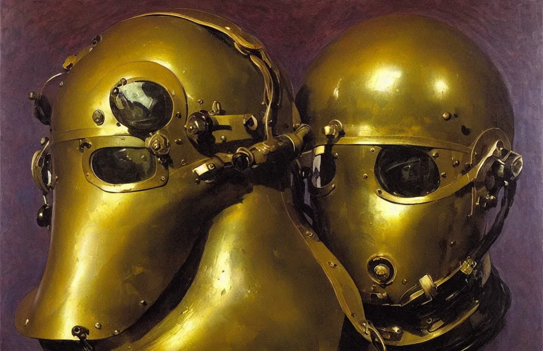 Prompt: portrait of deep sea diver helmet!!!!!!!!!!!!!!!!!!!!!!!!!!!, detailed face, detailed painting, epic lighting, by ilya repin, phil hale and kent williams