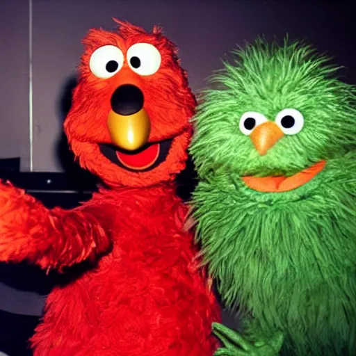 Image similar to selfie of elmo out clubbing with big bird and oscar the grouch