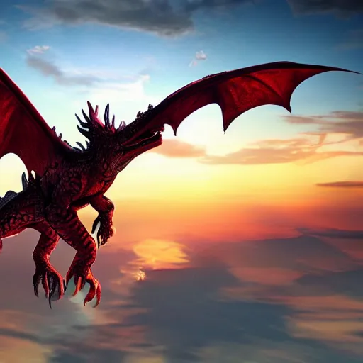 Image similar to a photorealistic alien that is a hybrid of a medieval dragon and a eagle in the sky during a sunset, ultra realistic, 4 k highly detailed