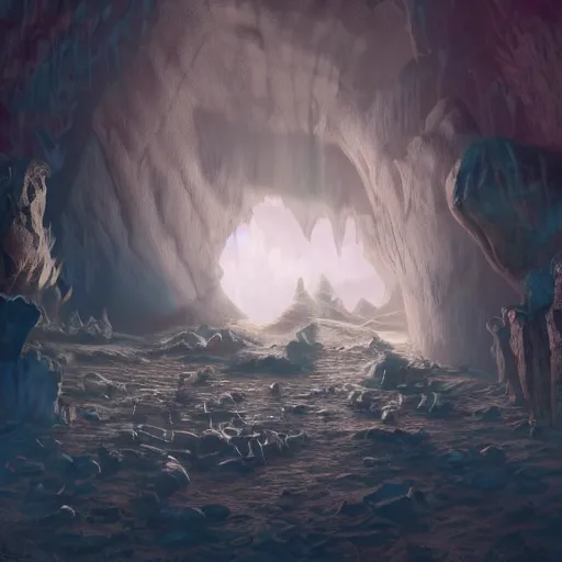 Image similar to beautiful matte painting of a cave with glowing crystals on the walls and bone piles on the floor, fantasy, sharp focus