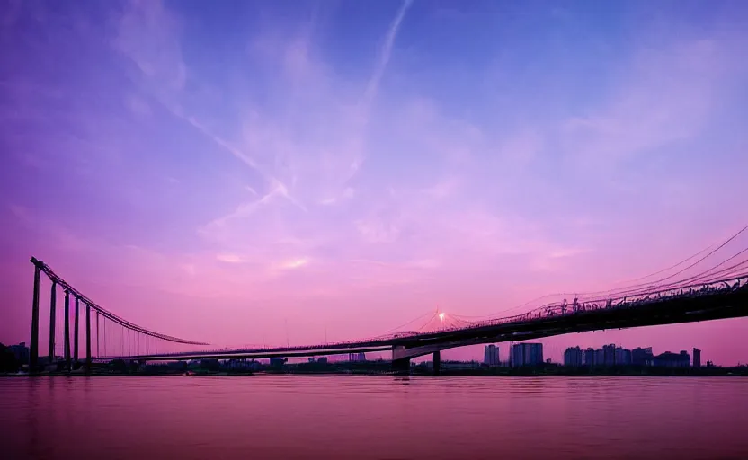 Image similar to a photo of wuhan yangtze river bridge, sunset, purple sky, cinematic, 8 k, highly - detailed